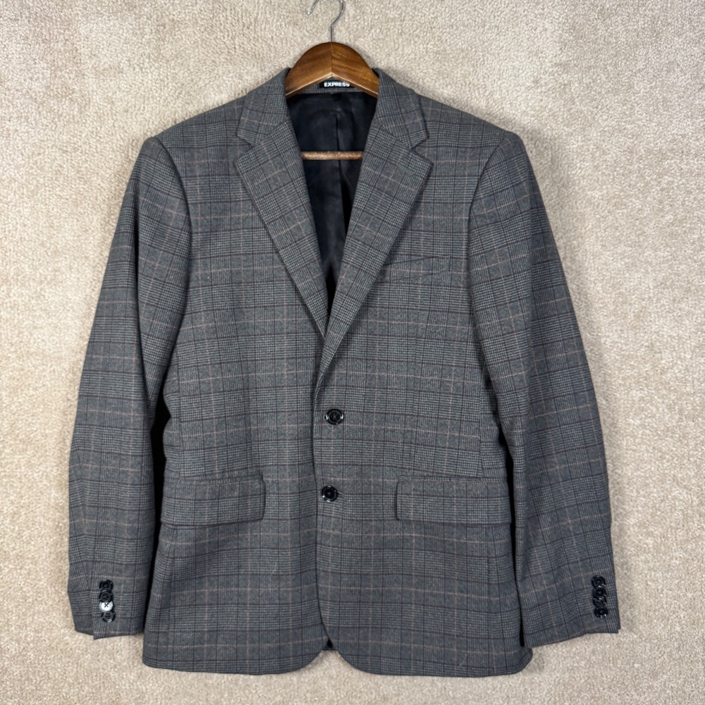 Express Blazer Mens 36 Short Grey Plaid Extra Slim Fit Two Button Sport Coat